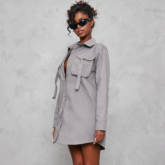 PrettyLittleThing | Dresses | Prettylittlething Charcoal Gray Cargo Pocket  Buckle Detail Shirt Dress Nwt | Poshmark
